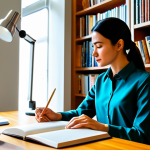A professional woman in a modest blouse and tailored trousers, fully clothed, seated comfortably in a sunlit home office, deeply engrossed in an open, large format animation artbook. Her perfect anatomy and natural pose are depicted, with well-formed hands and proper finger count gently holding the book. The artbook displays vibrant concept art of animated characters and detailed background scenery. A warm cup of tea sits on a polished wooden desk next to a modern desk lamp, casting a soft glow. The background features bookshelves filled with various art and design books, suggesting a creative and professional environment. This high-quality, professional photography captures a moment of quiet study and appreciation, ensuring safe for work and appropriate content, suitable for family-friendly viewing.