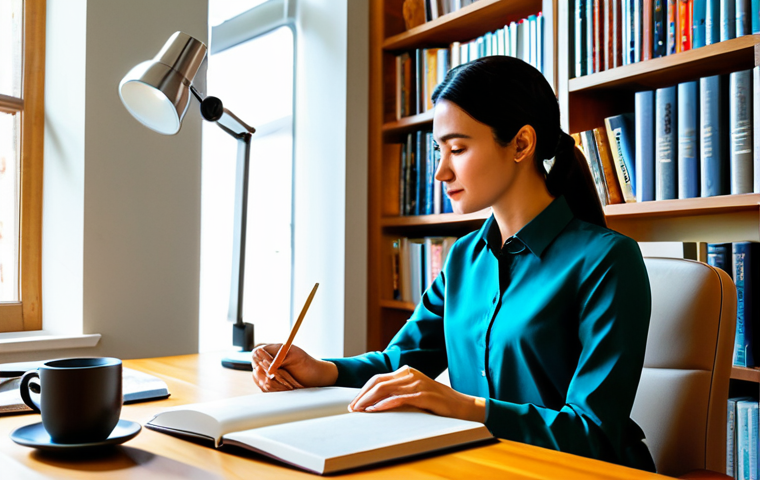 A professional woman in a modest blouse and tailored trousers, fully clothed, seated comfortably in a sunlit home office, deeply engrossed in an open, large format animation artbook. Her perfect anatomy and natural pose are depicted, with well-formed hands and proper finger count gently holding the book. The artbook displays vibrant concept art of animated characters and detailed background scenery. A warm cup of tea sits on a polished wooden desk next to a modern desk lamp, casting a soft glow. The background features bookshelves filled with various art and design books, suggesting a creative and professional environment. This high-quality, professional photography captures a moment of quiet study and appreciation, ensuring safe for work and appropriate content, suitable for family-friendly viewing.