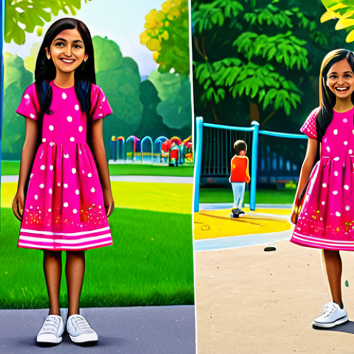 Home 11 **
A young girl, Jadoo, with a bright, cheerful expression, fully clothed in a colorful, modest dress and sneakers, standing in a vibrant, family-friendly park with a playground in the background, safe for work, appropriate content, perfect anatomy, natural proportions, professional children's book illustration style, high quality, well-formed hands, proper finger count.
**