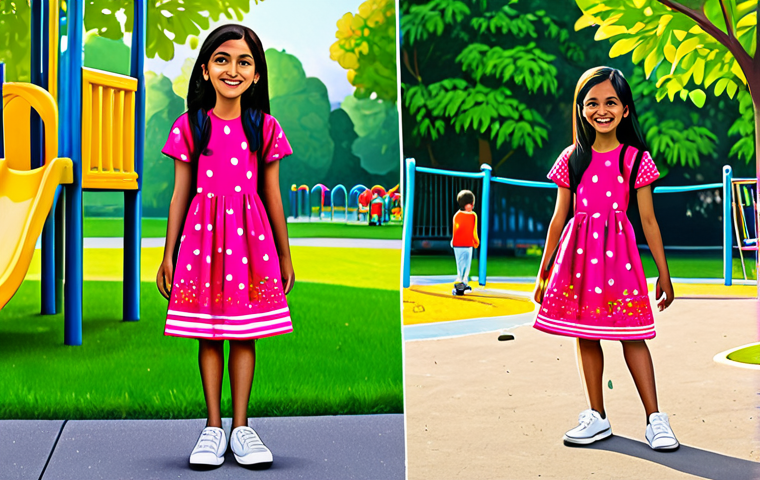 **

A young girl, Jadoo, with a bright, cheerful expression, fully clothed in a colorful, modest dress and sneakers, standing in a vibrant, family-friendly park with a playground in the background, safe for work, appropriate content, perfect anatomy, natural proportions, professional children's book illustration style, high quality, well-formed hands, proper finger count.

**