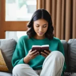 자두의 일상 이야기 - **Prompt:** A serene, cozy living room scene with soft, natural light streaming through a window. In...