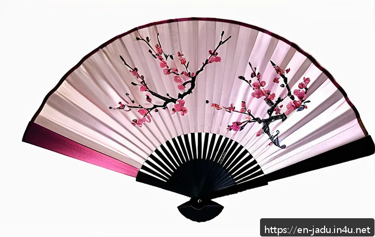 자두를 모티브로 한 팬 창작물 - A traditional hand-painted silk fan adorned with delicate plum blossom motifs in soft pinks, rich pu...