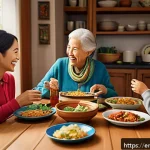 Home 18 안녕자두야 인기 해외 반응 - A warm and lively family dinner scene inside a cozy, modern home featuring a diverse family of four ...