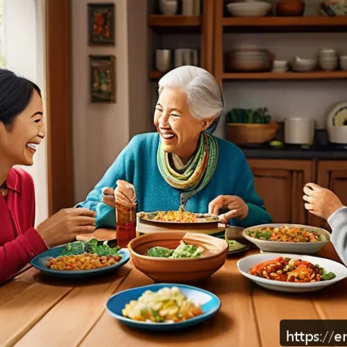 Home 30 안녕자두야 인기 해외 반응 - A warm and lively family dinner scene inside a cozy, modern home featuring a diverse family of four ...