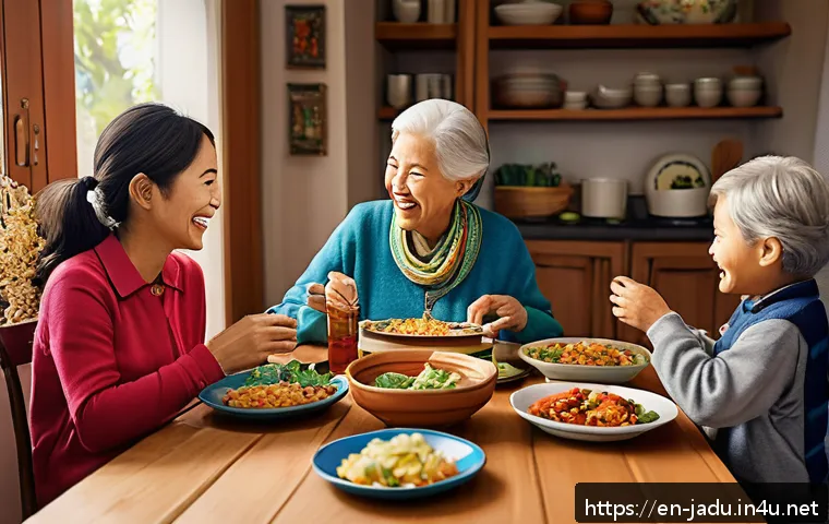 안녕자두야 인기 해외 반응 - A warm and lively family dinner scene inside a cozy, modern home featuring a diverse family of four ...