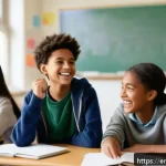 Home 23 자두의 교실에서 벌어진 사건들 - A lively modern classroom scene showing a diverse group of middle school students engaged in a spont...
