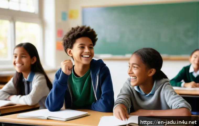 자두의 교실에서 벌어진 사건들 - A lively modern classroom scene showing a diverse group of middle school students engaged in a spont...