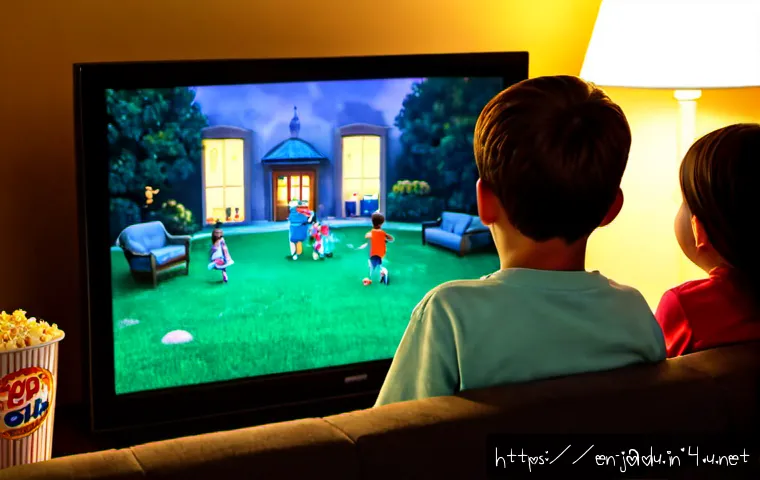 안녕자두야 최신 소식 업데이트 - Photorealistic cozy family living room in the United States, a parent and two children happily watch...