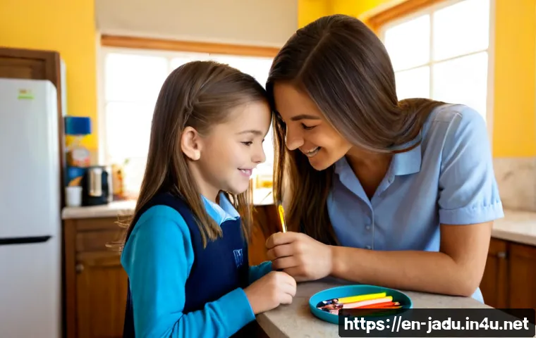 안녕자두야에서 다룬 교훈적 메시지 - Photorealistic warm family kitchen scene, a cheerful elementary-school girl wearing casual modest cl...